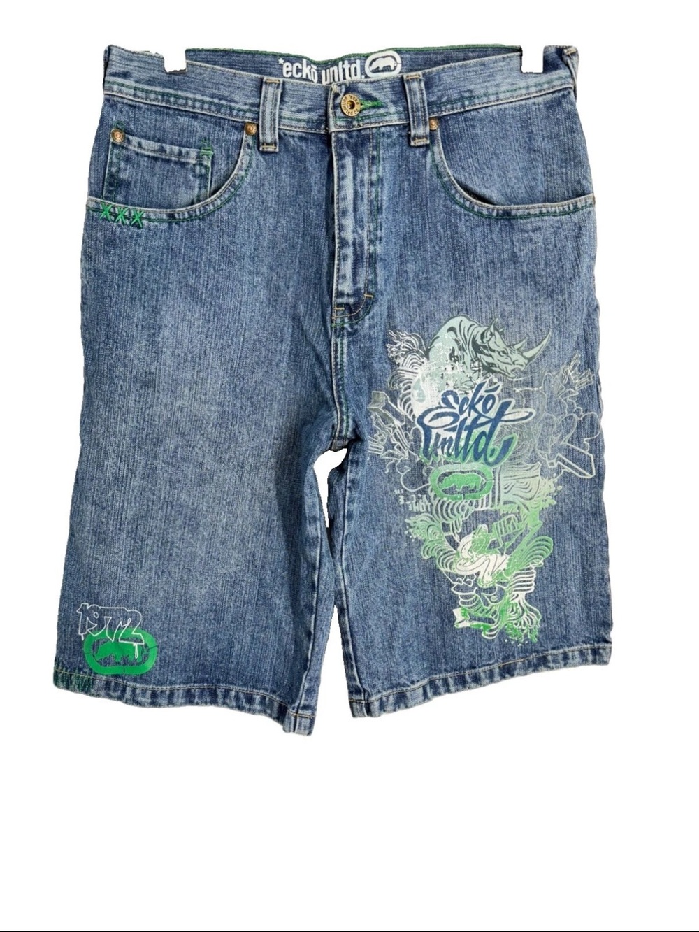 RARE vintage Y2K Ecko Unltd Boys 18 Skater Shorts Front/Back Rhino Embroidered